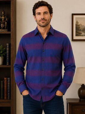 Jared Lang After Hours Slim Fit Dress Shirt XL Blue Purple Striped Button Front